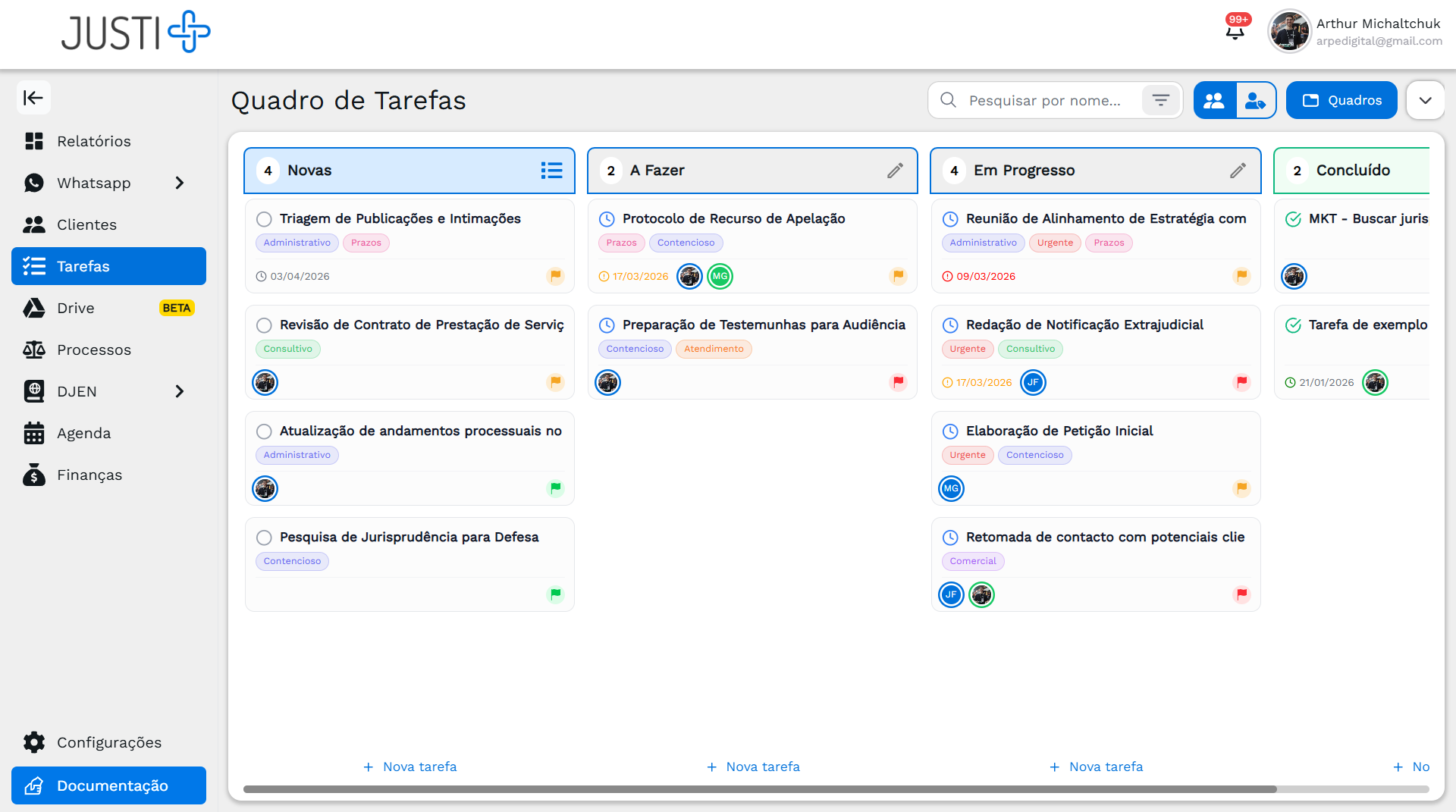 Quadro Kanban de gestão de tarefas do JustiPlus para escritórios de advocacia